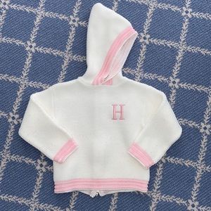 White Hooded “H” Sweater with pink trim
